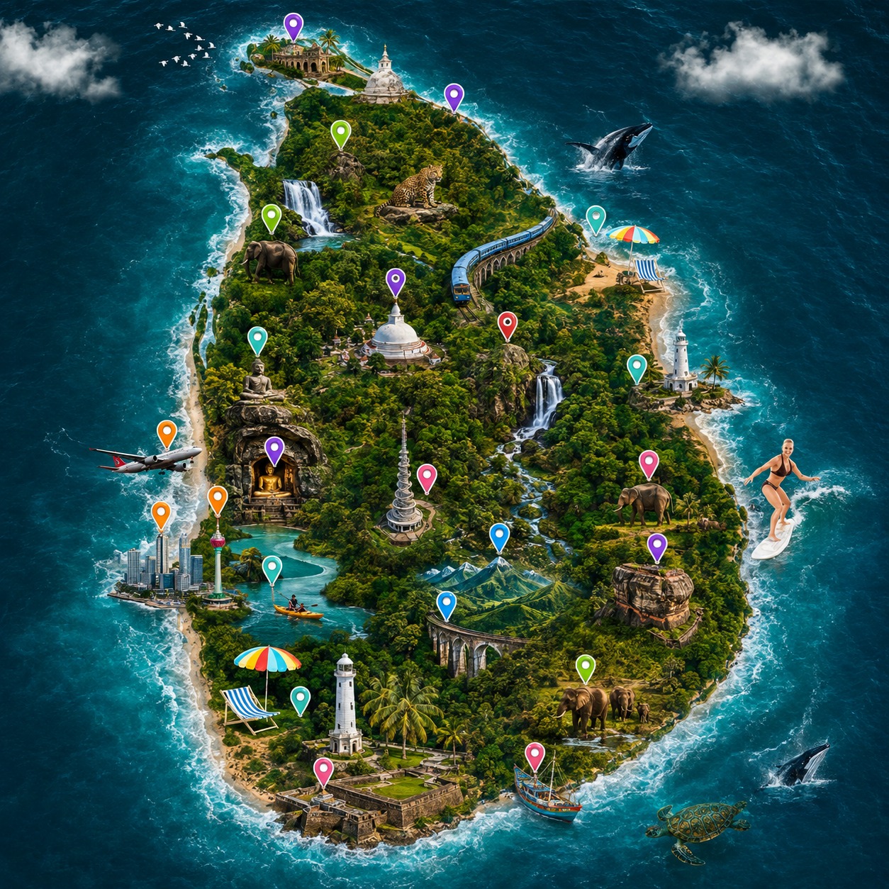 Illustrated map of Sri Lanka with travel locations